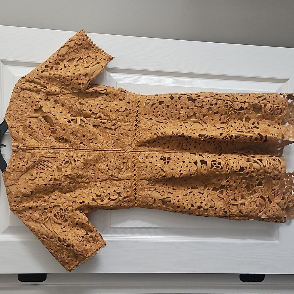 Adelyn Rae Lace V-neck Short Sleeve  Sheath Mini Dress: Color- Mustard - Picture 7 of 11